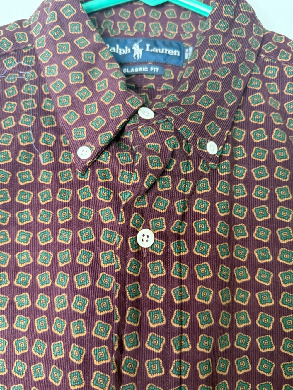 Ralph Lauren Men's Burgundy Corduroy Geometric Button-Down Shirt Large
